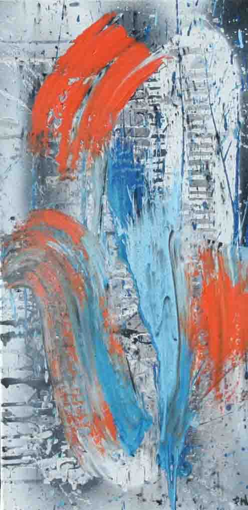 tableau abstrait etonnement en bleu blanc et orange